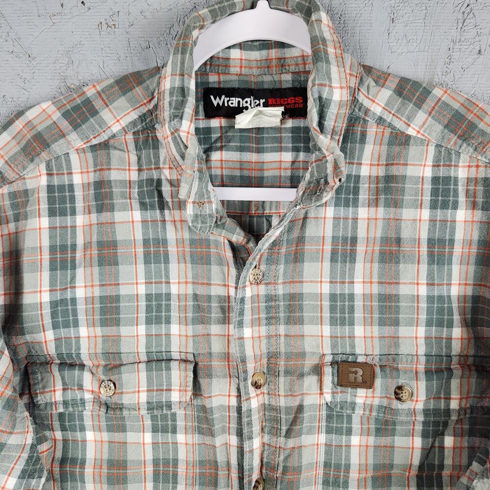 Wrangler Riggs Workwear Shirt Mens XL Green Plaid Long Sleeve Button Front Logo